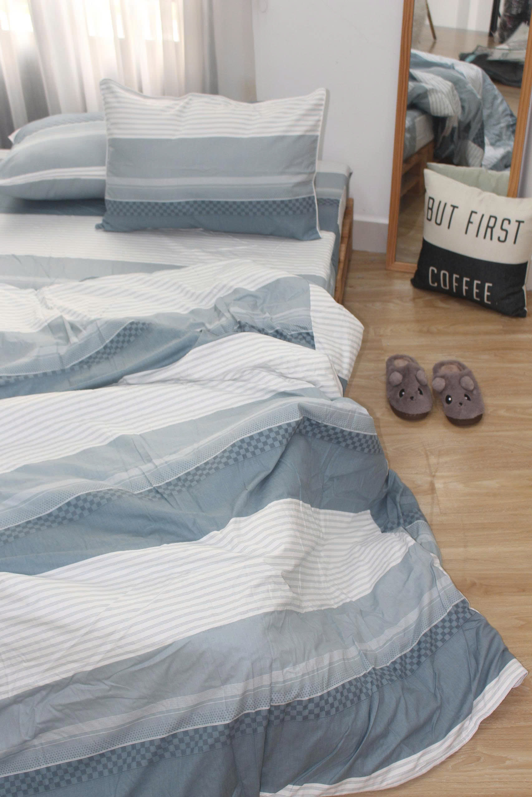 Bộ drap gối KHA LY - 100% cotton thiên nhiên Sọc Ngang Xám
