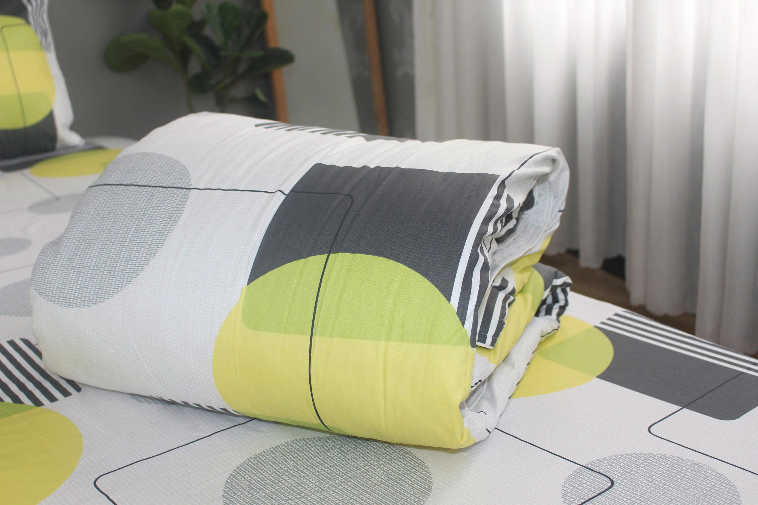 Bộ drap gối KHA LY - 100% cotton thiên nhiên Lập Thể Trắng-Vàng