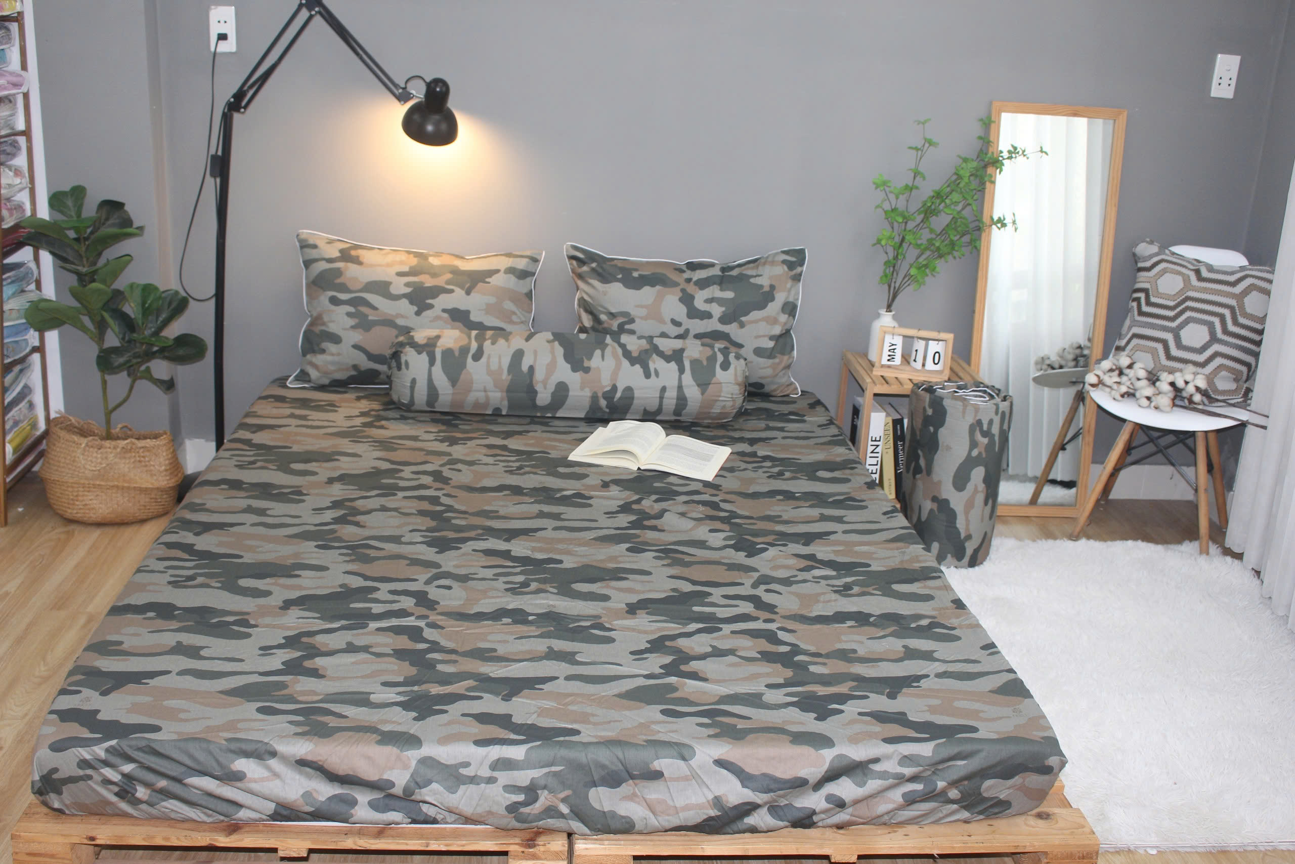 Bộ drap gối KHA LY - 100% cotton thiên nhiên Rằn ri rêu