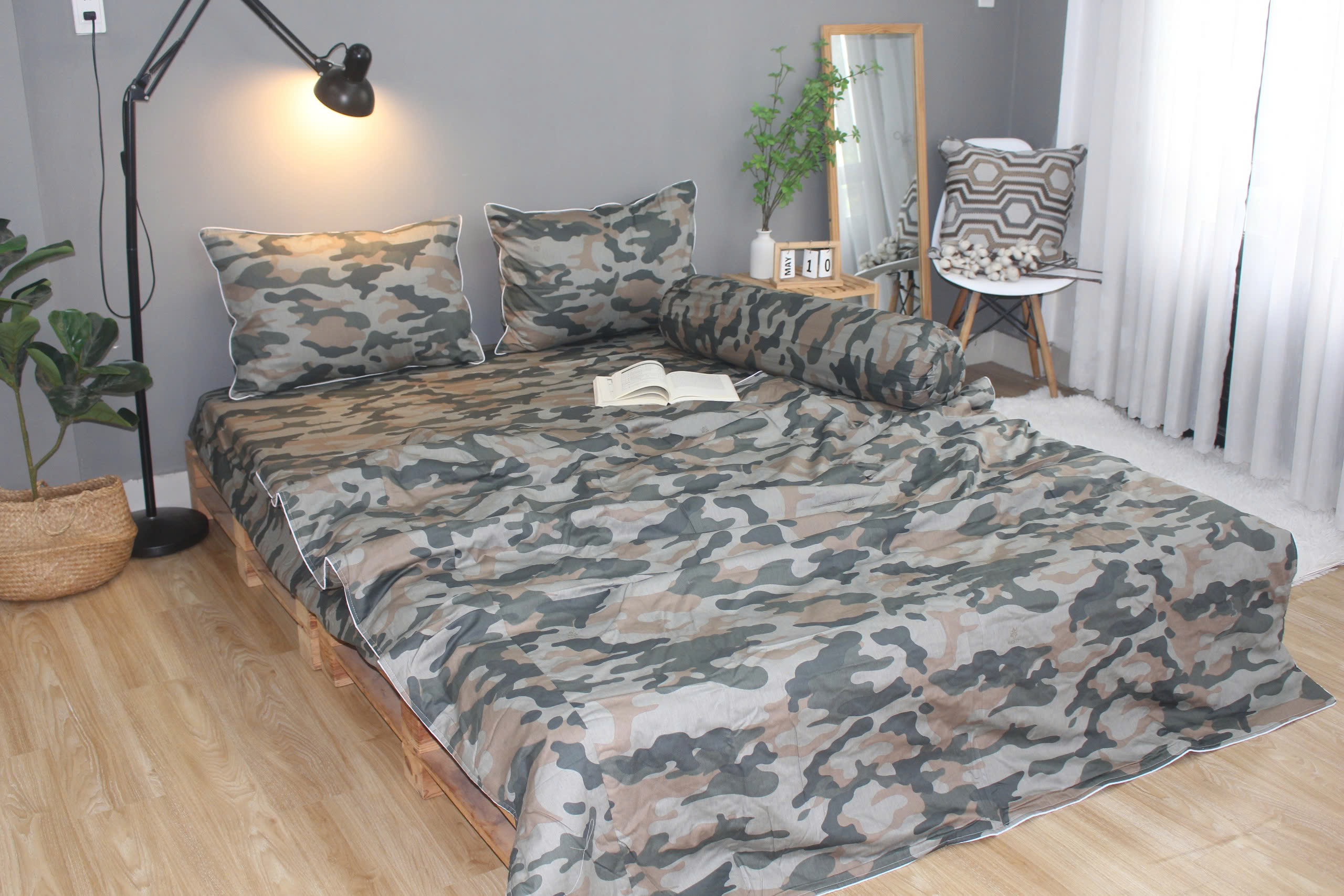 Bộ drap gối KHA LY - 100% cotton thiên nhiên Rằn ri rêu