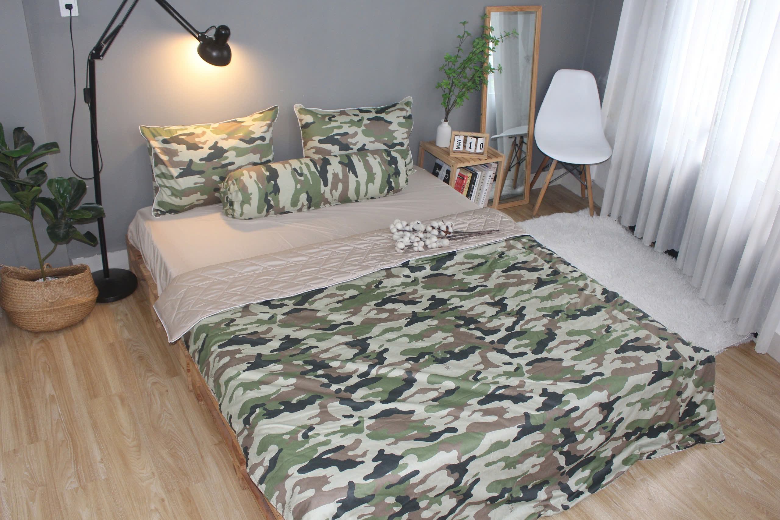 Bộ drap gối KHA LY - 100% cotton thiên nhiên Rằn ri XámPhối màu trơn