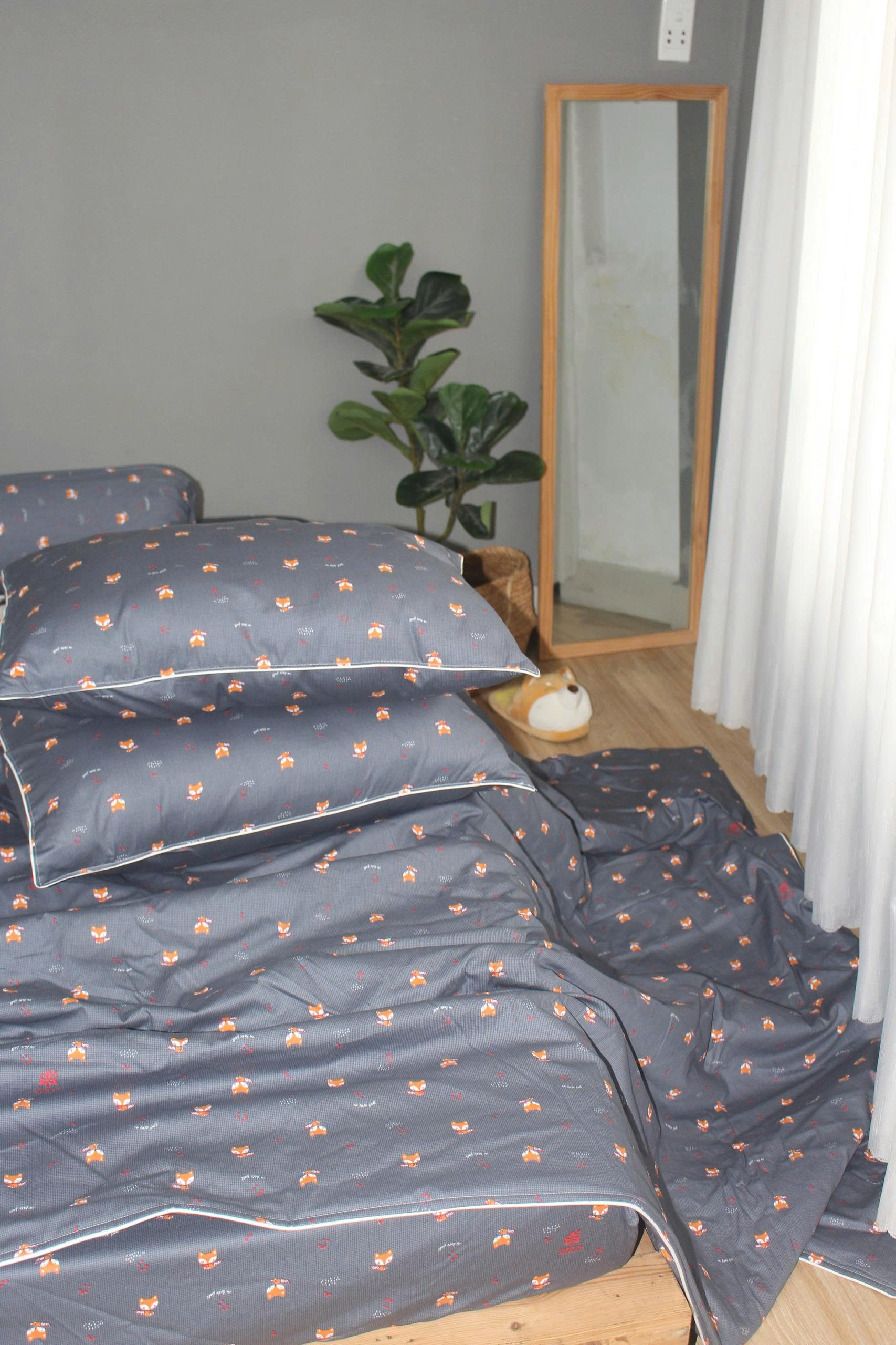 Bộ drap gối KHA LY - 100% cotton thiên nhiên Cáo Xám