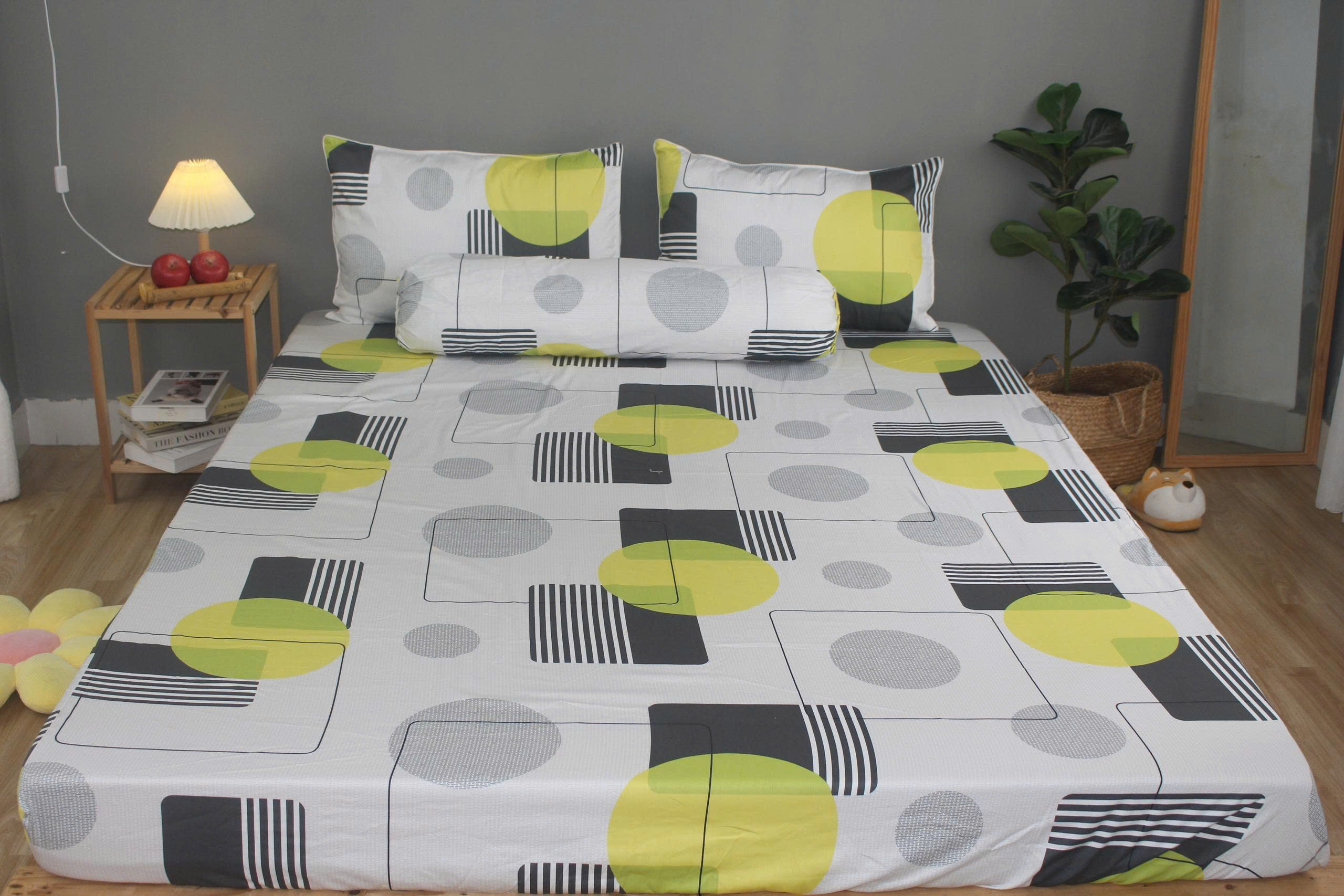 Bộ drap gối KHA LY - 100% cotton thiên nhiên Lập Thể Trắng-Vàng