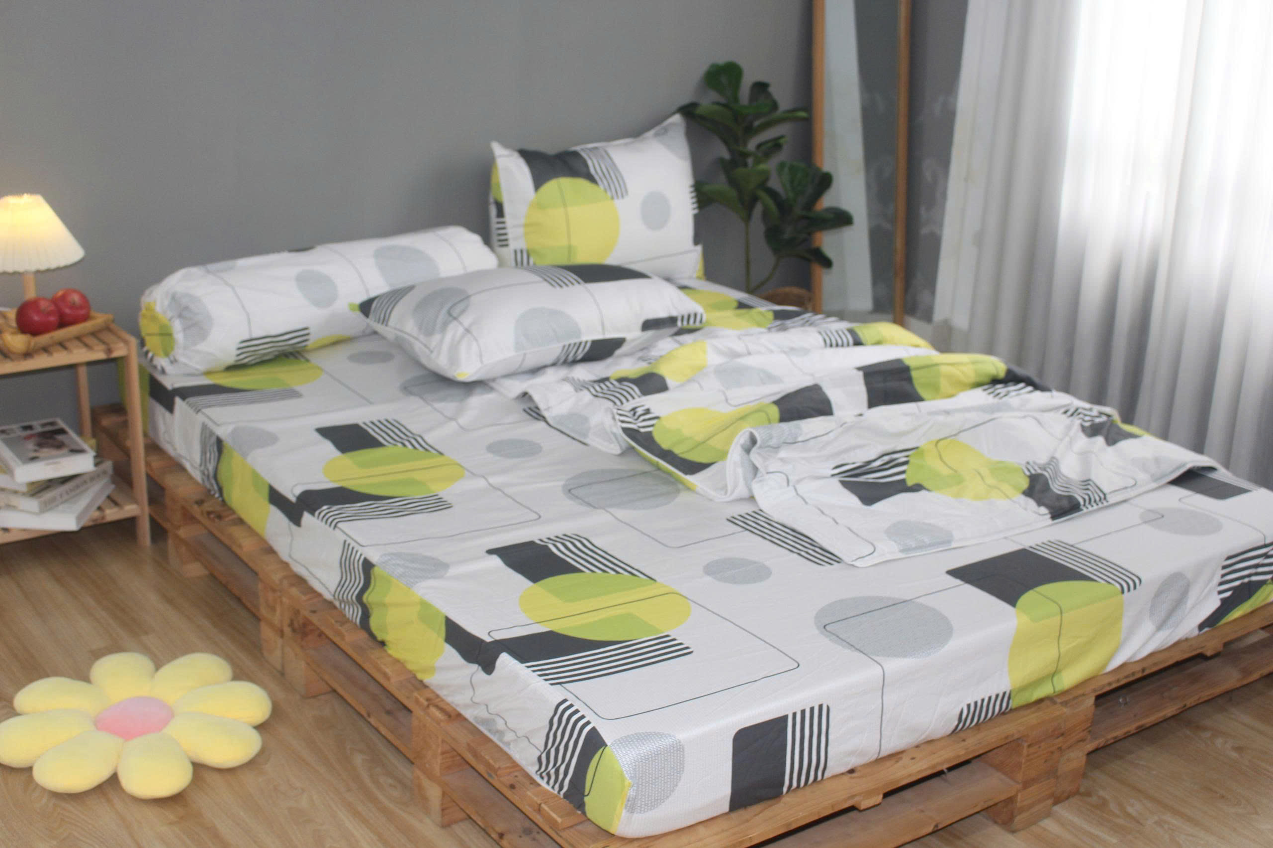 Bộ drap gối KHA LY - 100% cotton thiên nhiên Lập Thể Trắng-Vàng