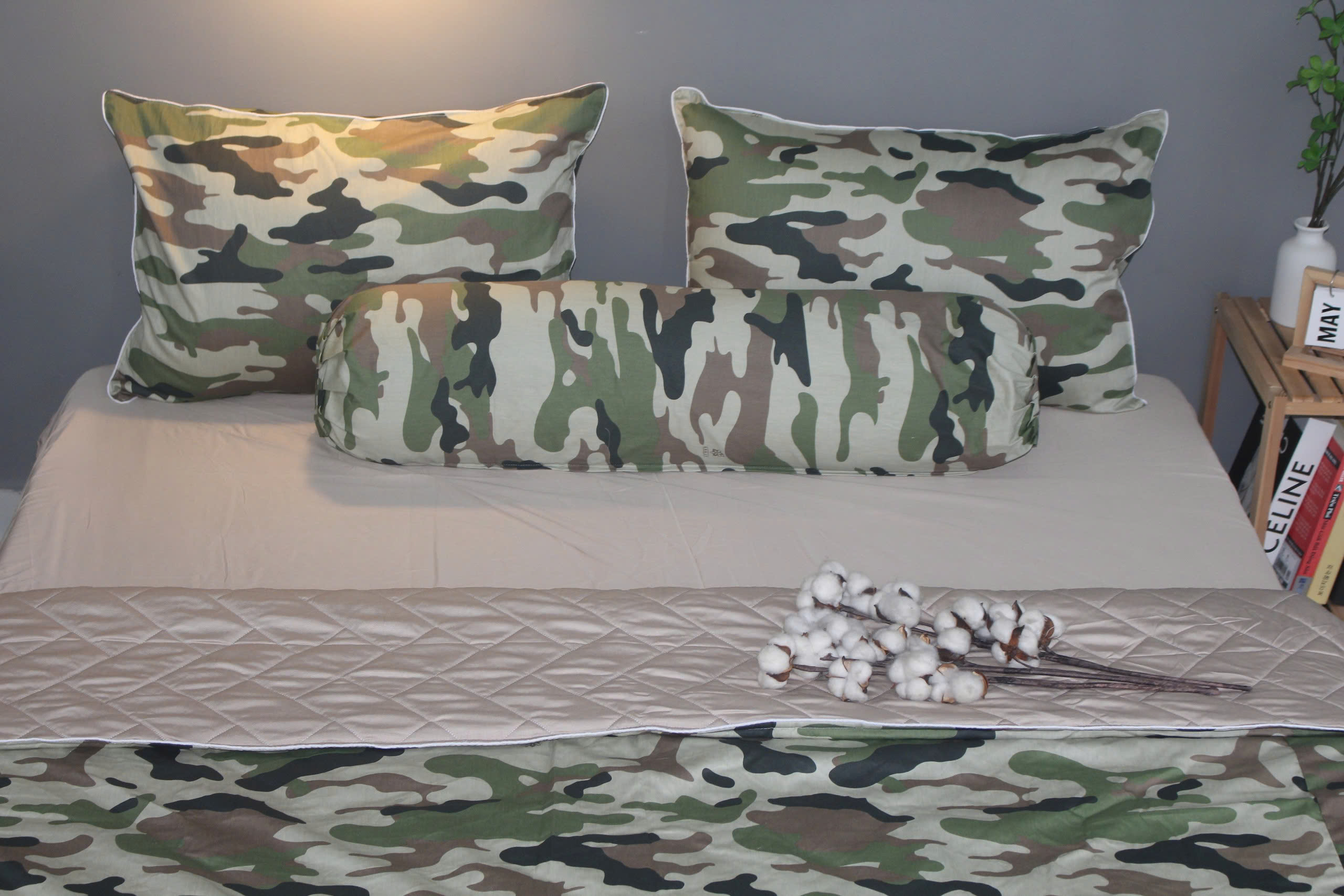 Bộ drap gối KHA LY - 100% cotton thiên nhiên Rằn ri XámPhối màu trơn