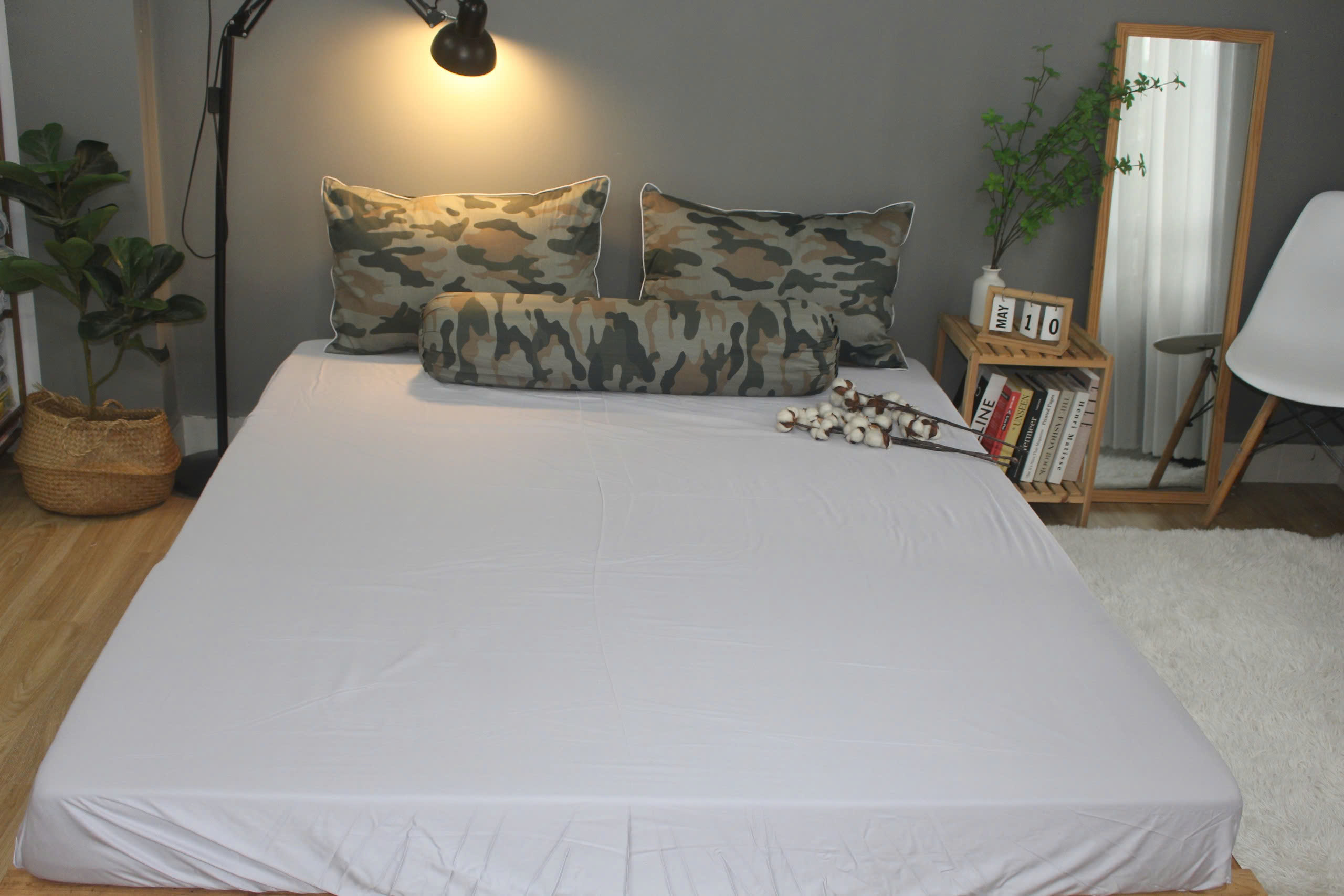 Bộ drap gối KHA LY - 100% cotton thiên nhiên Rằn ri rêu Phối màu trơn