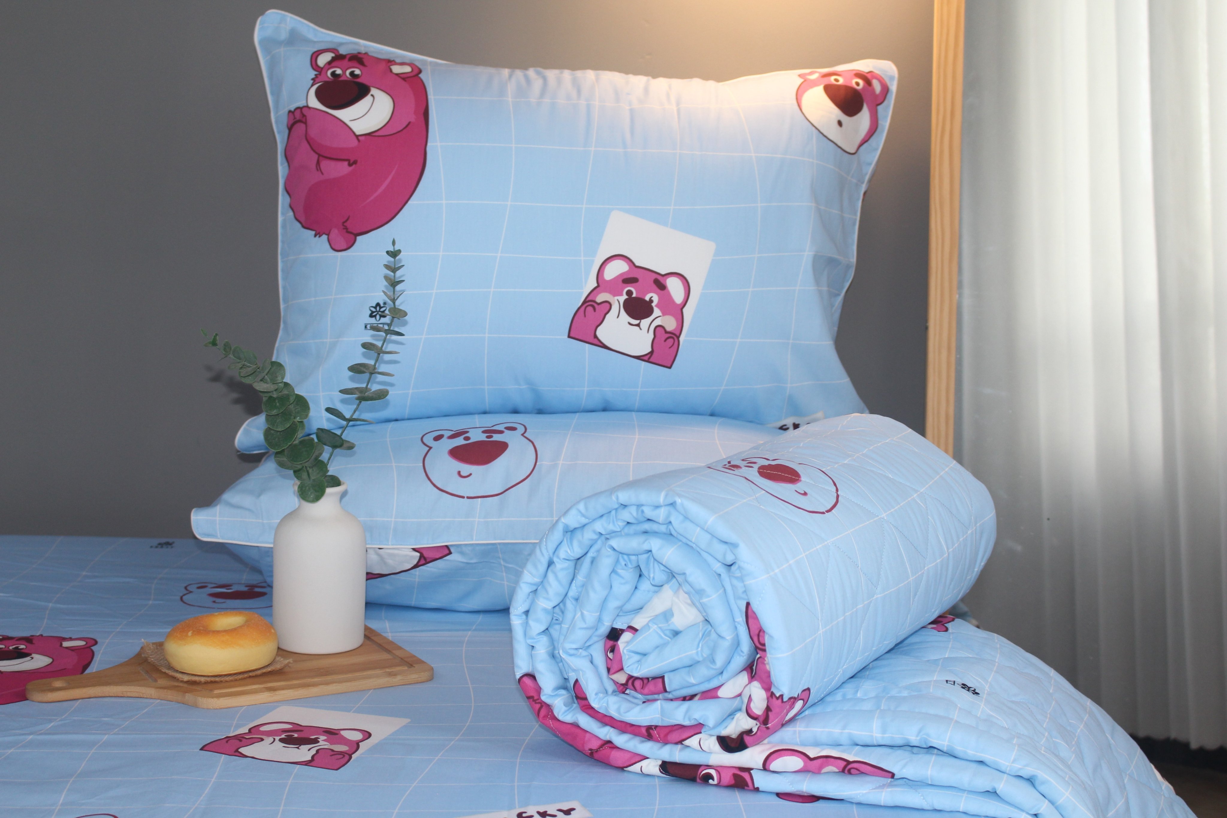 Bộ drap gối KHA LY - 100% cotton thiên nhiên  Lotso Xanh