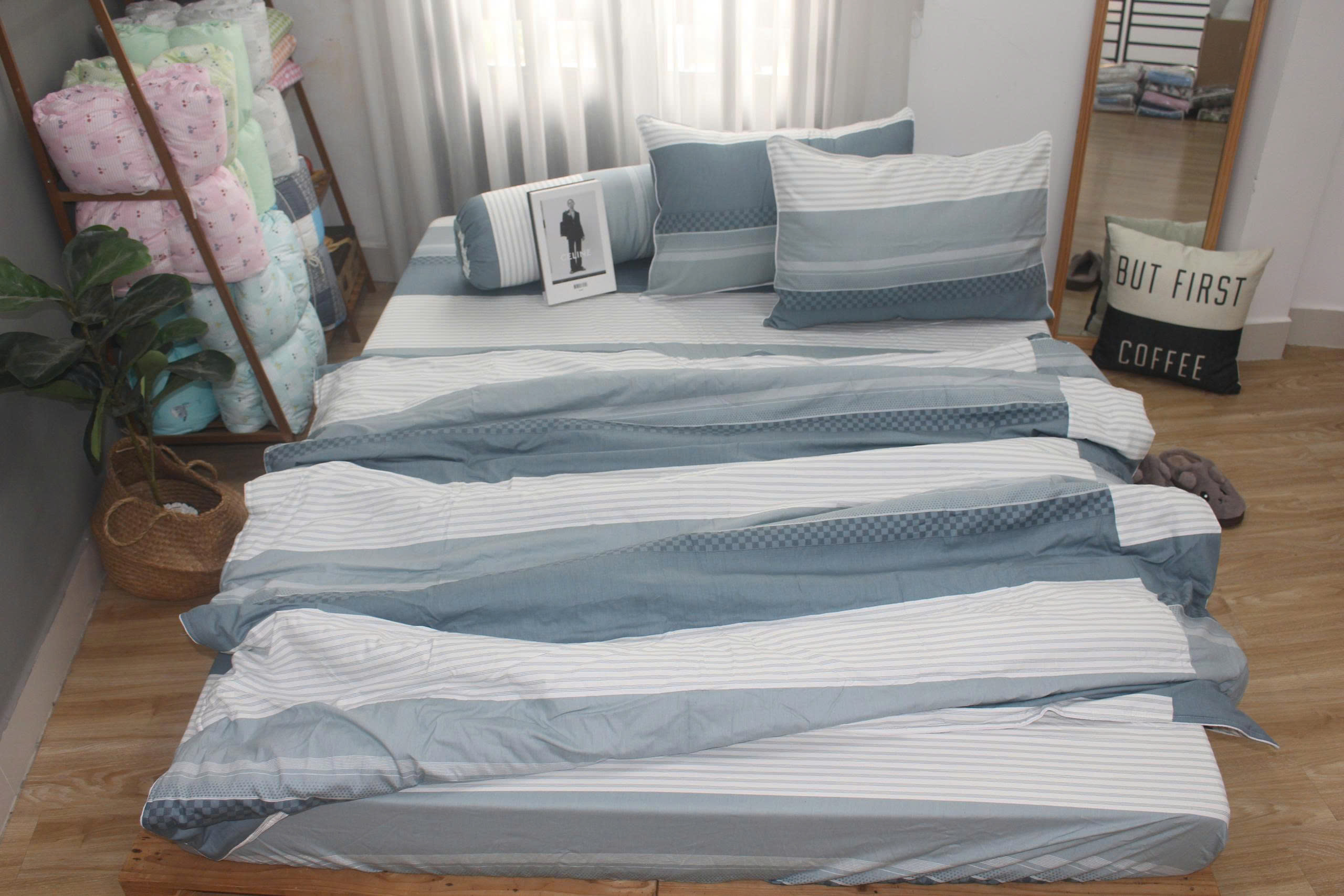 Bộ drap gối KHA LY - 100% cotton thiên nhiên Sọc Ngang Xám