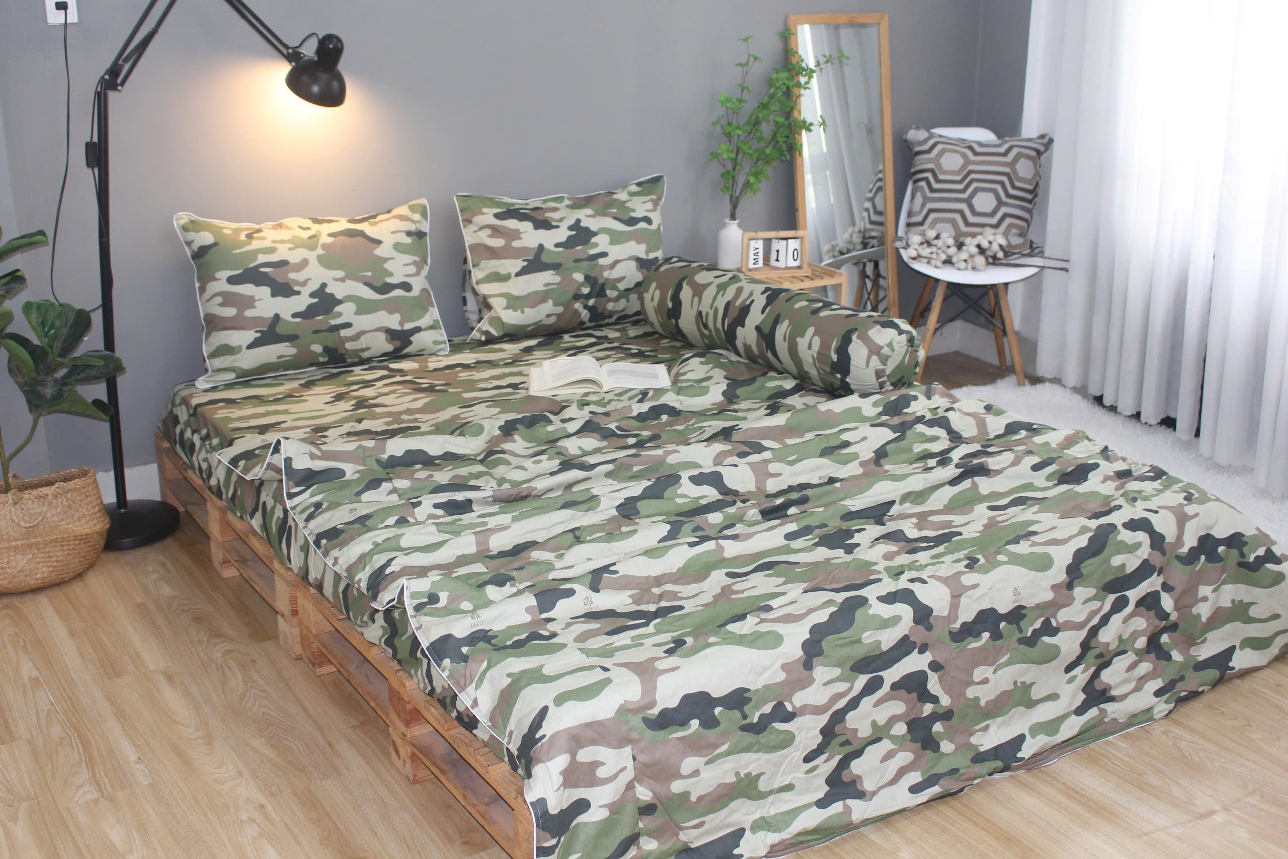 Bộ drap gối KHA LY - 100% cotton thiên nhiên Rằn Ri Xám