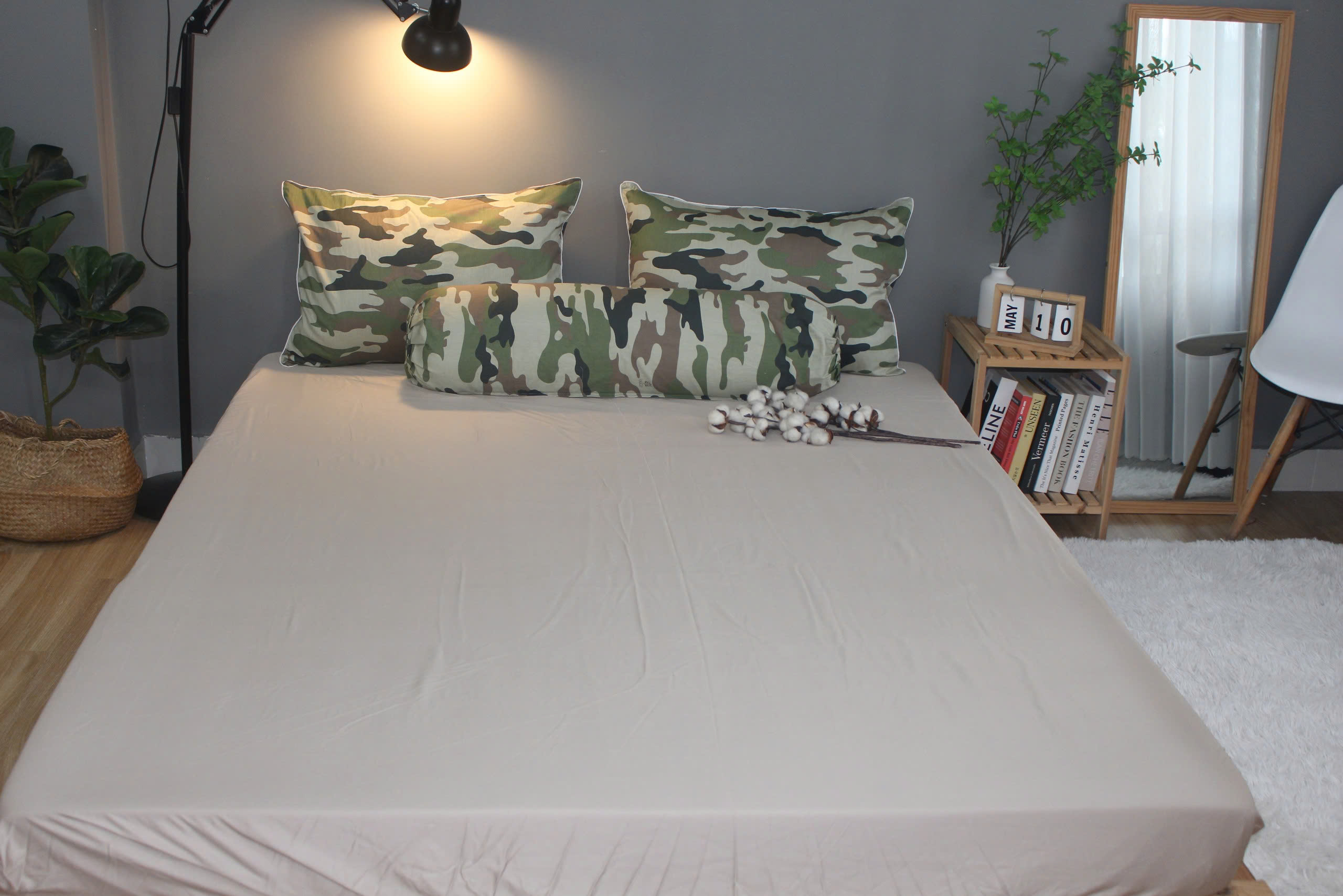 Bộ drap gối KHA LY - 100% cotton thiên nhiên Rằn ri XámPhối màu trơn