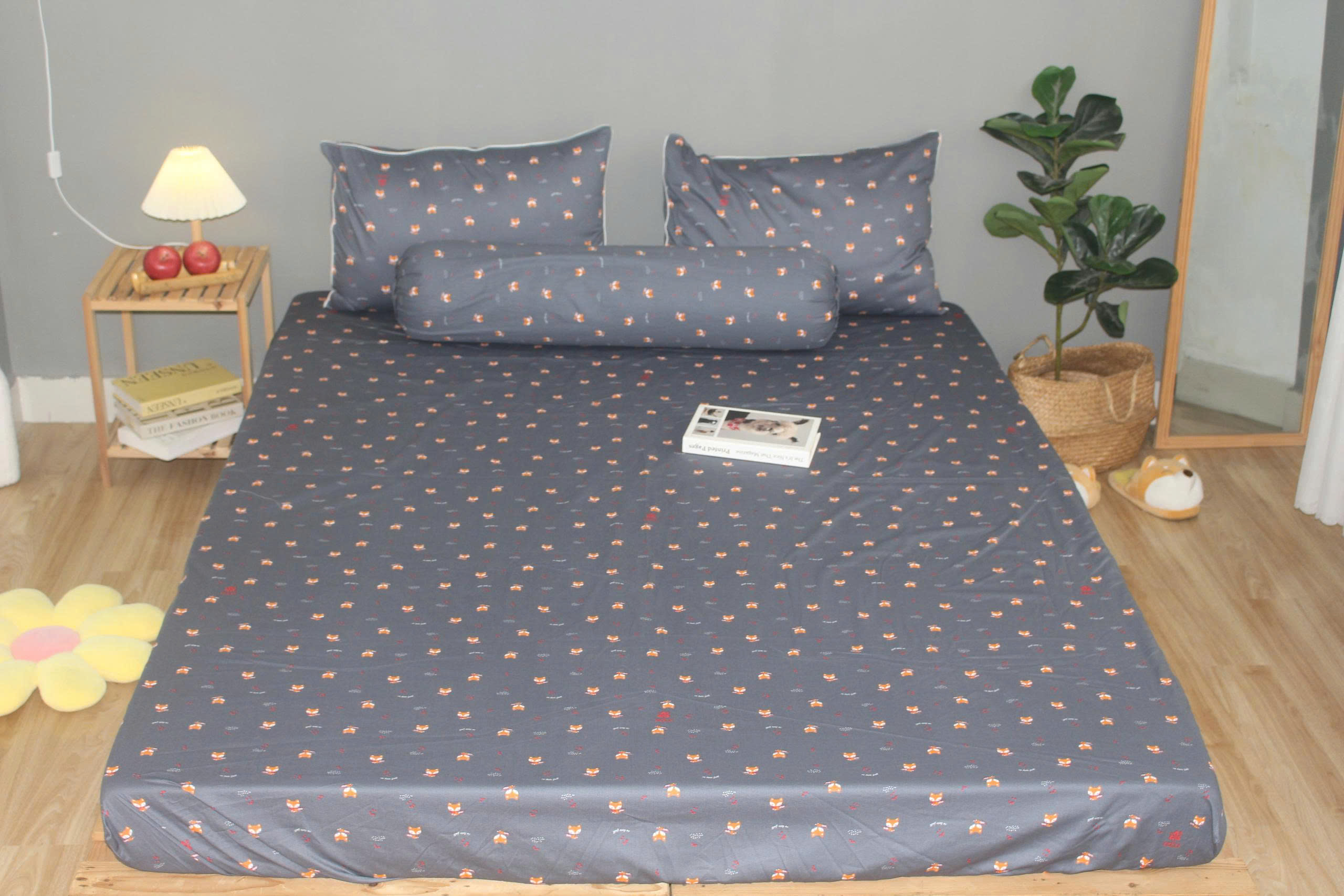 Bộ drap gối KHA LY - 100% cotton thiên nhiên Cáo Xám