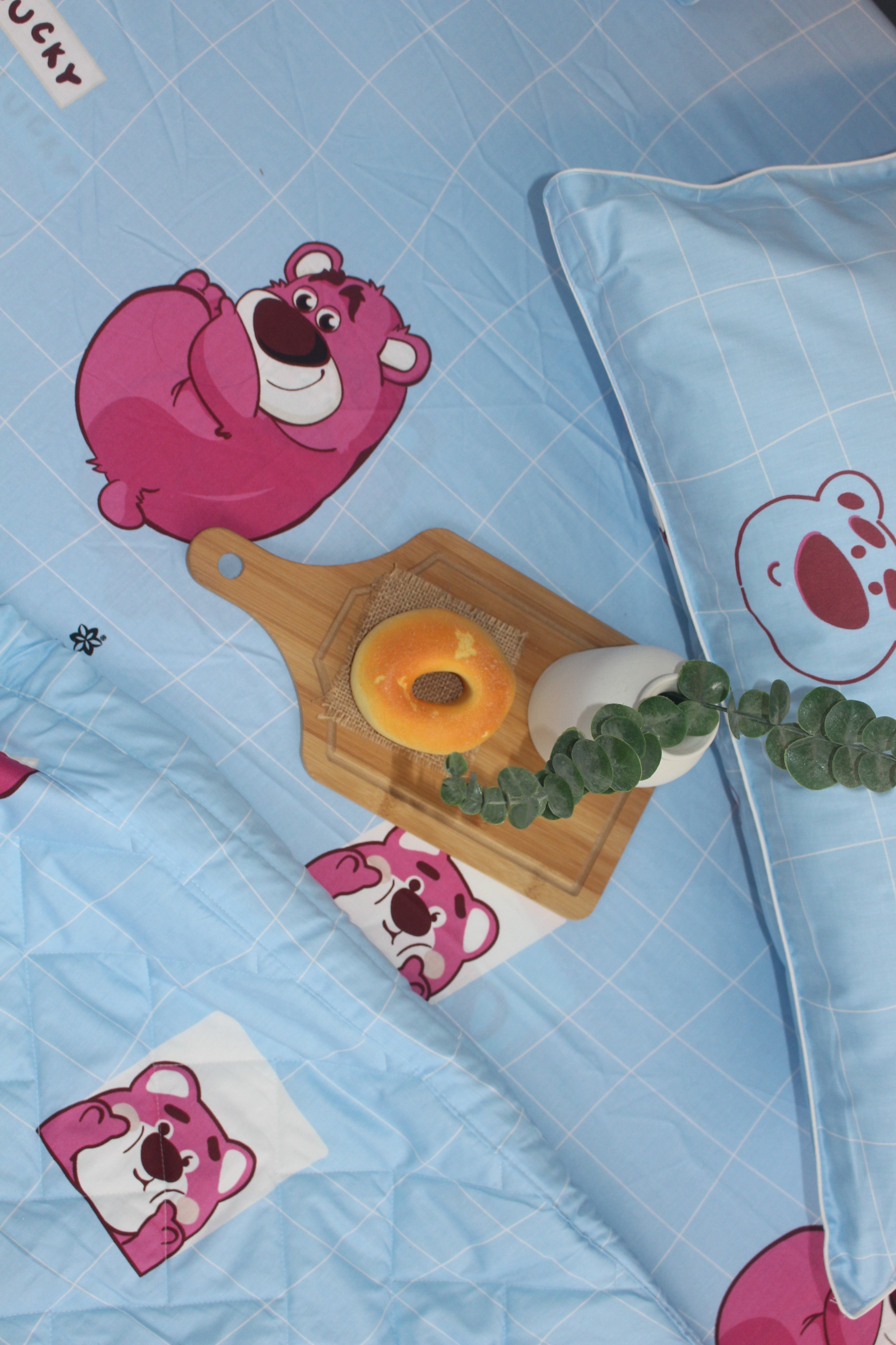 Bộ drap gối KHA LY - 100% cotton thiên nhiên  Lotso Xanh