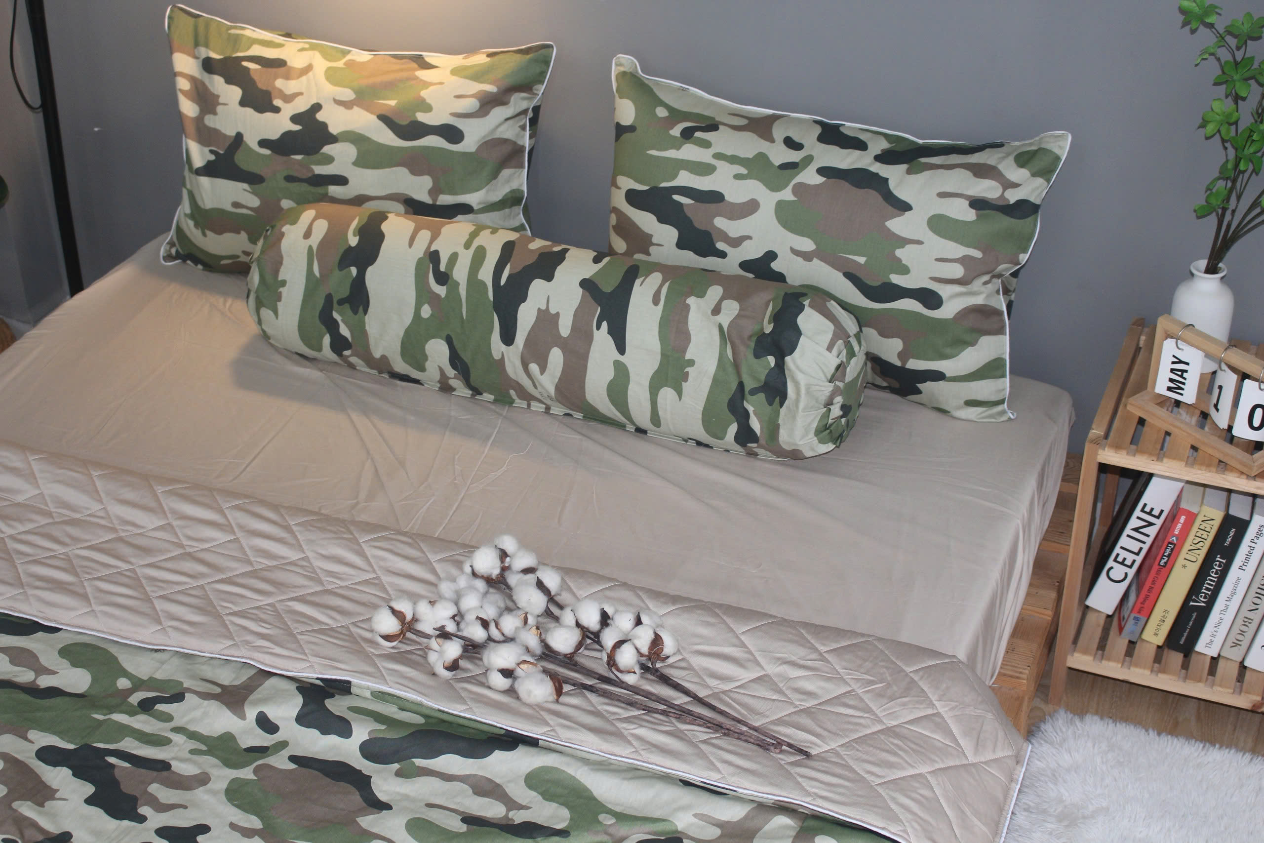 Bộ drap gối KHA LY - 100% cotton thiên nhiên Rằn ri XámPhối màu trơn