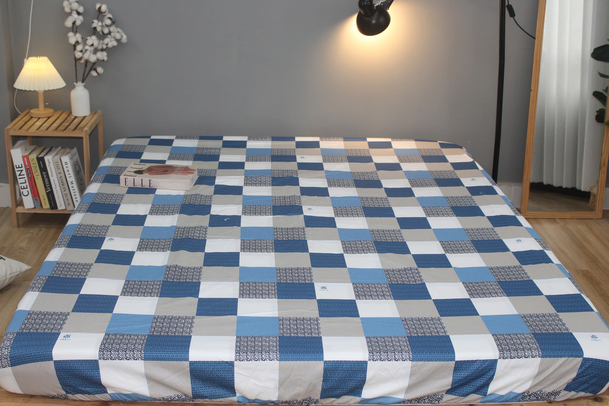 Bộ drap gối KHA LY - 100% cotton thiên nhiên Caro Xám