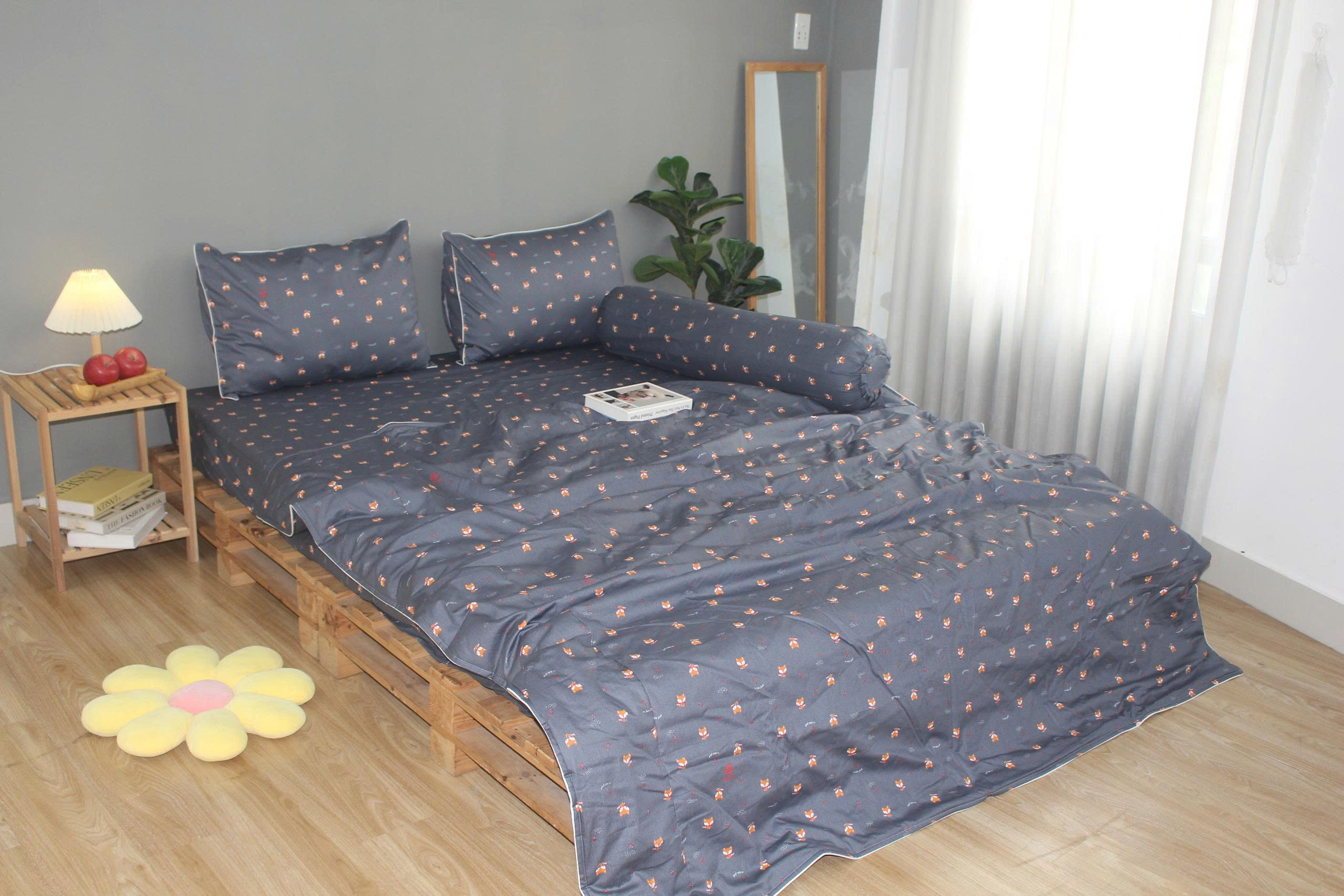 Bộ drap gối KHA LY - 100% cotton thiên nhiên Cáo Xám