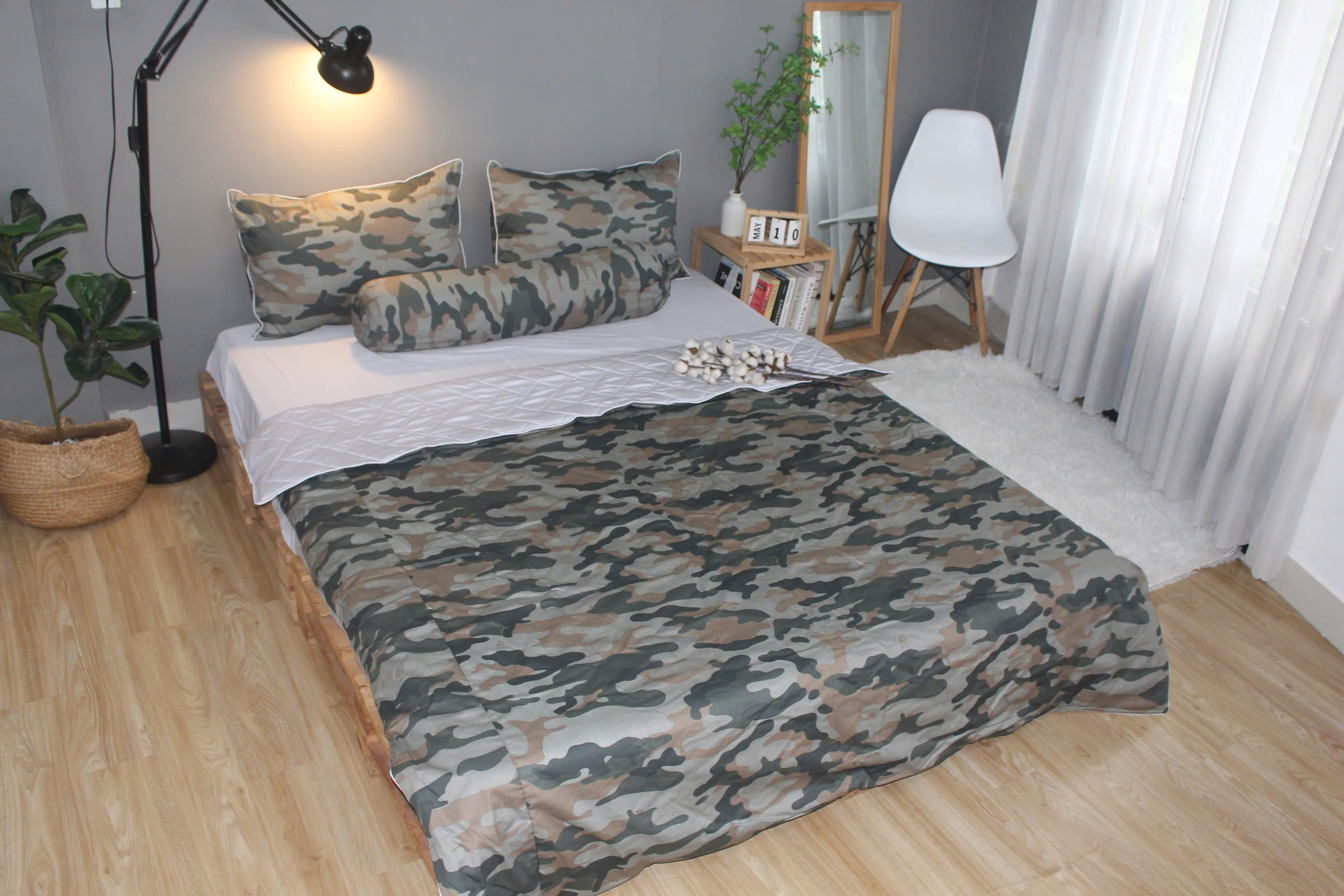 Bộ drap gối KHA LY - 100% cotton thiên nhiên Rằn ri rêu Phối màu trơn
