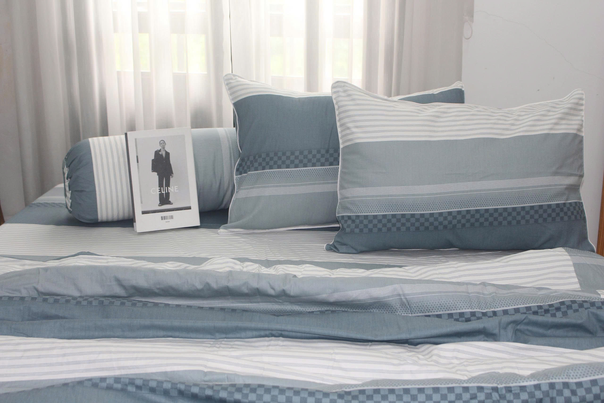 Bộ drap gối KHA LY - 100% cotton thiên nhiên Sọc Ngang Xám