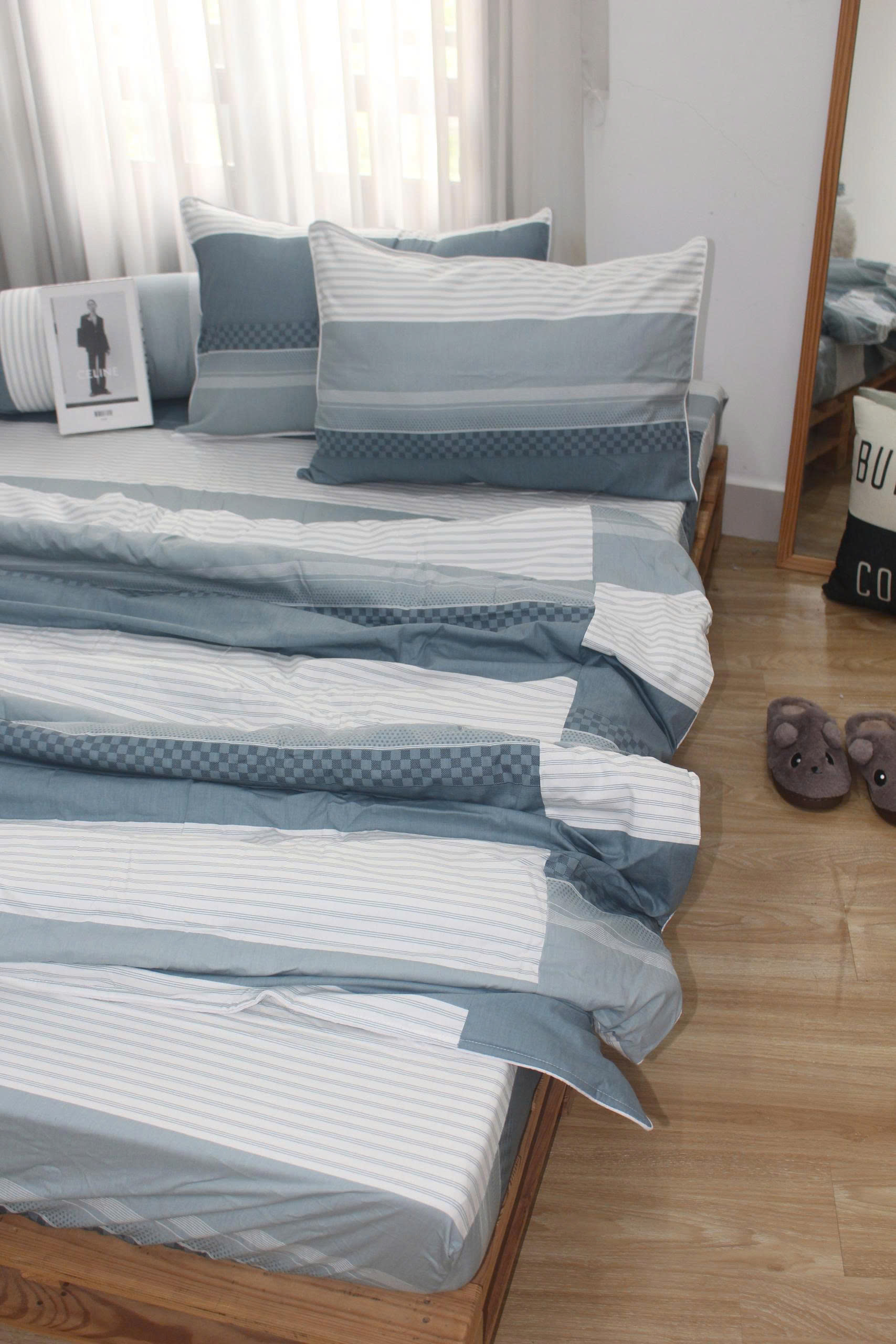 Bộ drap gối KHA LY - 100% cotton thiên nhiên Sọc Ngang Xám