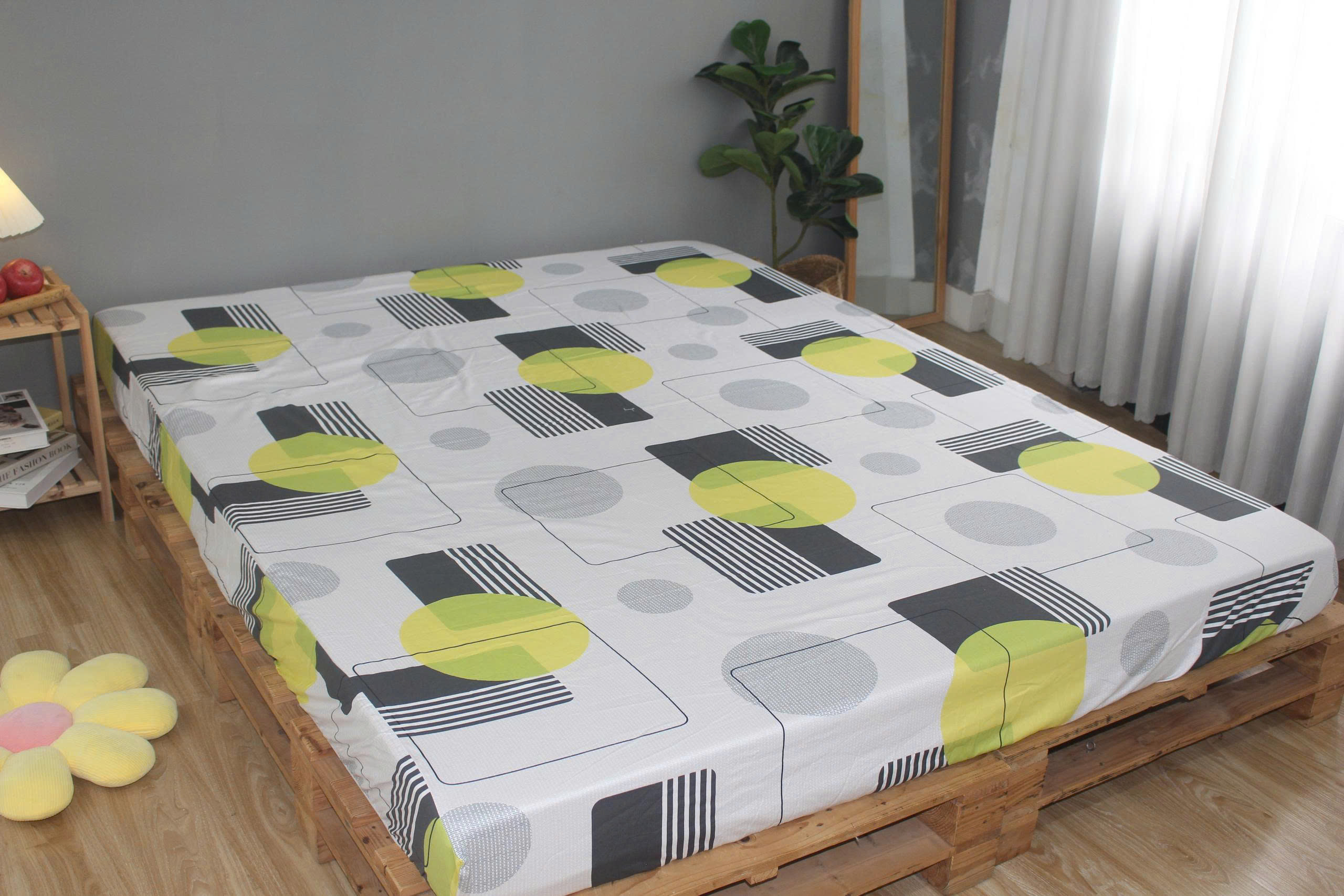 Bộ drap gối KHA LY - 100% cotton thiên nhiên Lập Thể Trắng-Vàng